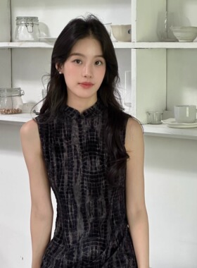 Ti提提  岚烟 黑紫色弹力网纱植绒 中式无袖改良长款旗袍