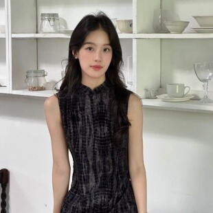 岚烟 改良长款 黑紫色弹力网纱植绒 无袖 旗袍 中式 Ti提提