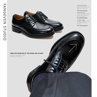 Fangeven箭头缝制皮鞋男老钱风黑色软皮侧面缝线加固小皮鞋潮单鞋