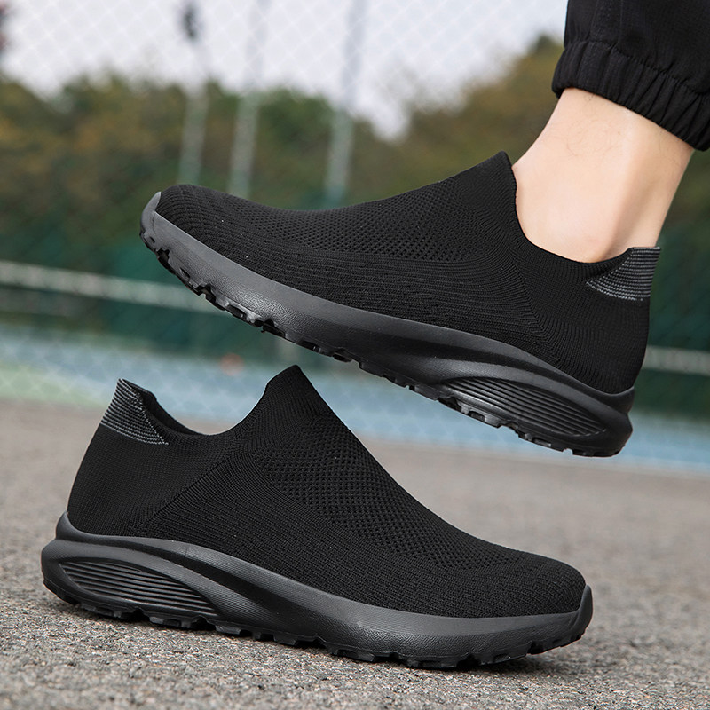 宽头男鞋男士休闲鞋子飞织袜子鞋一脚蹬黑色懒人运动鞋舒适爸爸鞋