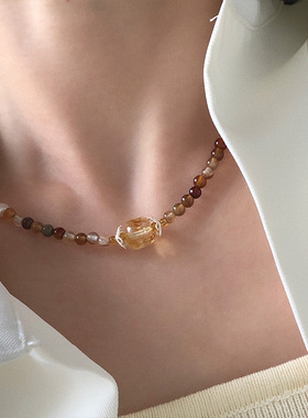 S925黄水晶项链咖啡色玛瑙女天然淡水珍珠美拉德百搭小众设计个性