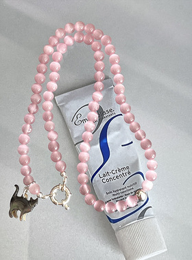 S925银明星款ins彩贝猫咪吊坠粉色猫眼石项链锁骨链粉色小众百搭