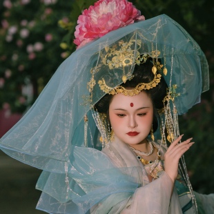 【霜翎阁】杨贵妃衍生唐风汉服发簪套装头纱流苏配发饰品{荷叶帽}