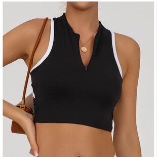 春夏新款瑜伽服带拉链裹胸防震撞色工字运动上衣健身美背短款背心