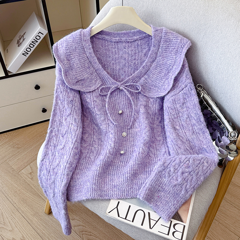 温柔风娃娃领紫色长袖毛衣女宽松圆领宽松针织开衫排扣上衣，女装针织衫/毛衣，衣嘉衣服饰