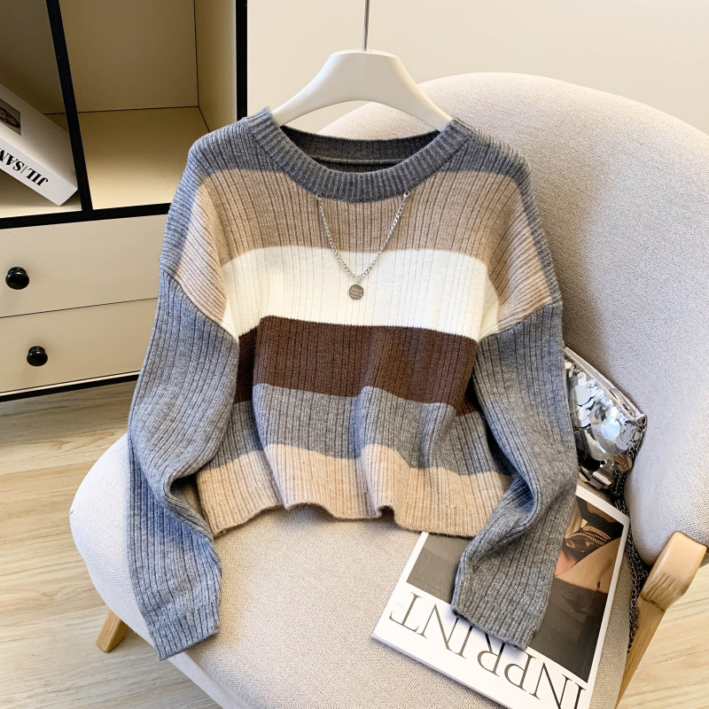 复古慵懒风毛衣2025冬款新款撞色条纹头套针织法式上衣,针织衫/毛衣,衣嘉衣服饰