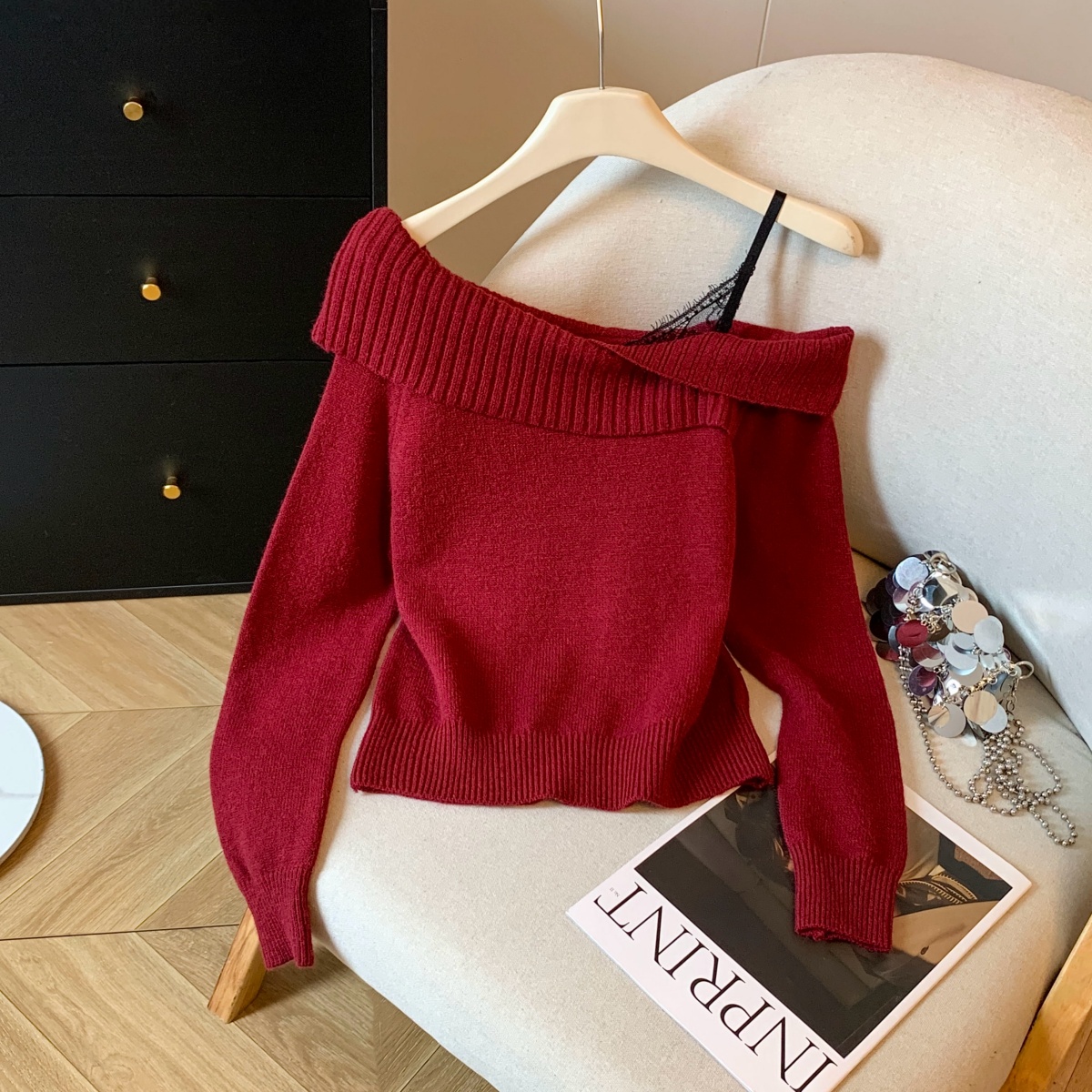 韩版秋冬新款韩东大门净色针织翻领吊带蕾丝拼接露肩毛衣女,女装针织衫/毛衣,衣嘉衣服饰 韩版秋冬新款韩东大门净色针织翻领吊带蕾丝拼接露肩毛衣女,女装针织衫/毛衣,衣嘉衣服饰