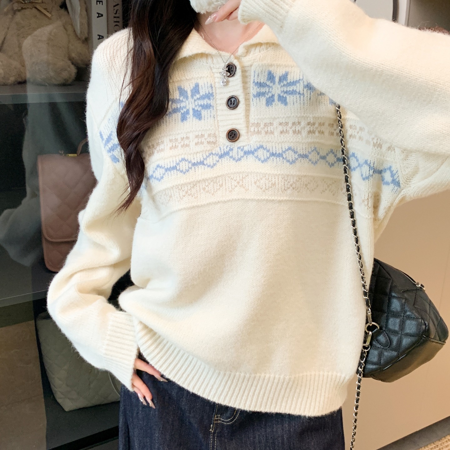 2025秋冬新款设计感复古翻领费尔岛风宽松针织衫毛衣女，女装针织衫/毛衣，衣嘉衣服饰