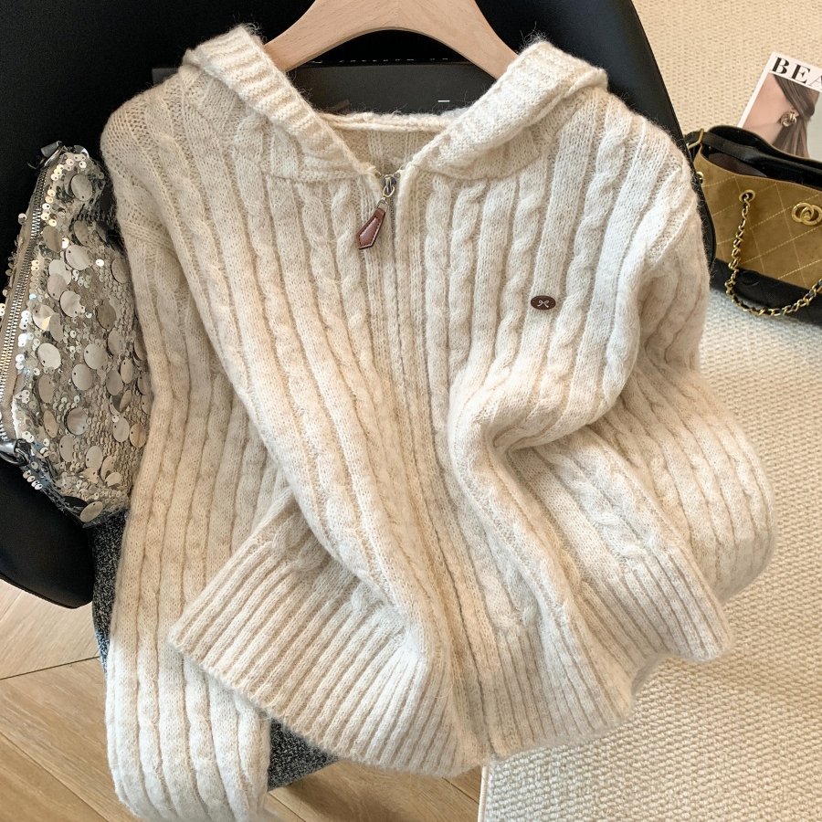 实拍慵懒风连帽毛衣外套女秋季新款宽松休闲百搭简约针织开衫上衣