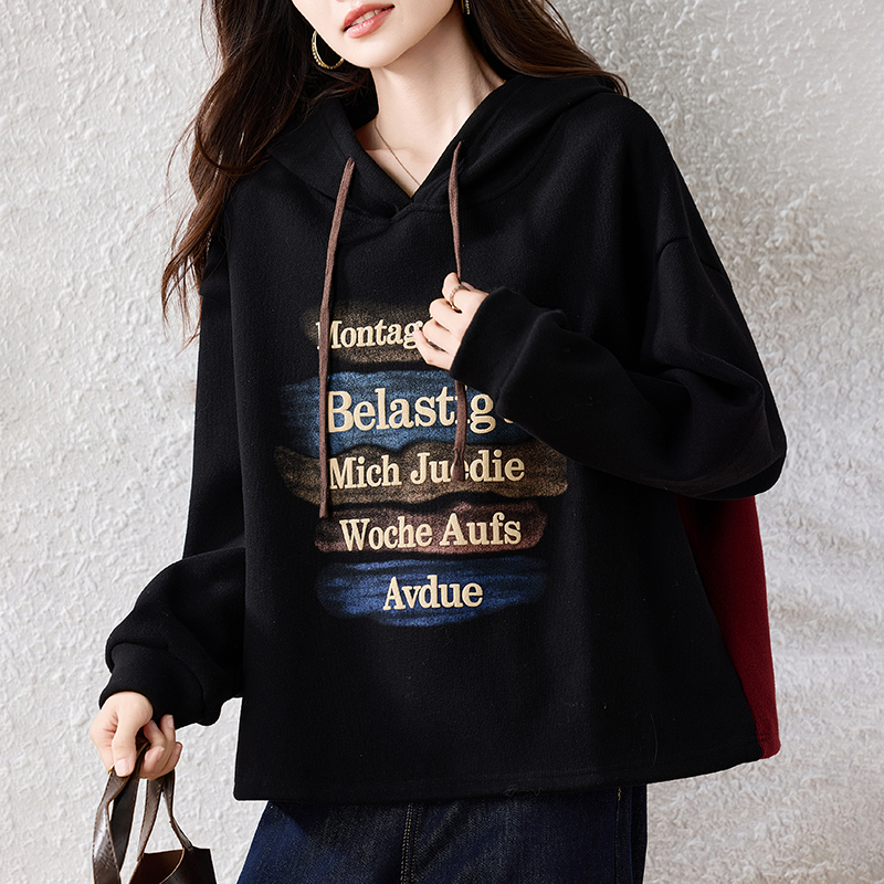 连帽卫衣前后印花加绒大码百搭长袖宽松复古秋冬韩版，女装大码女装，衣嘉衣服饰