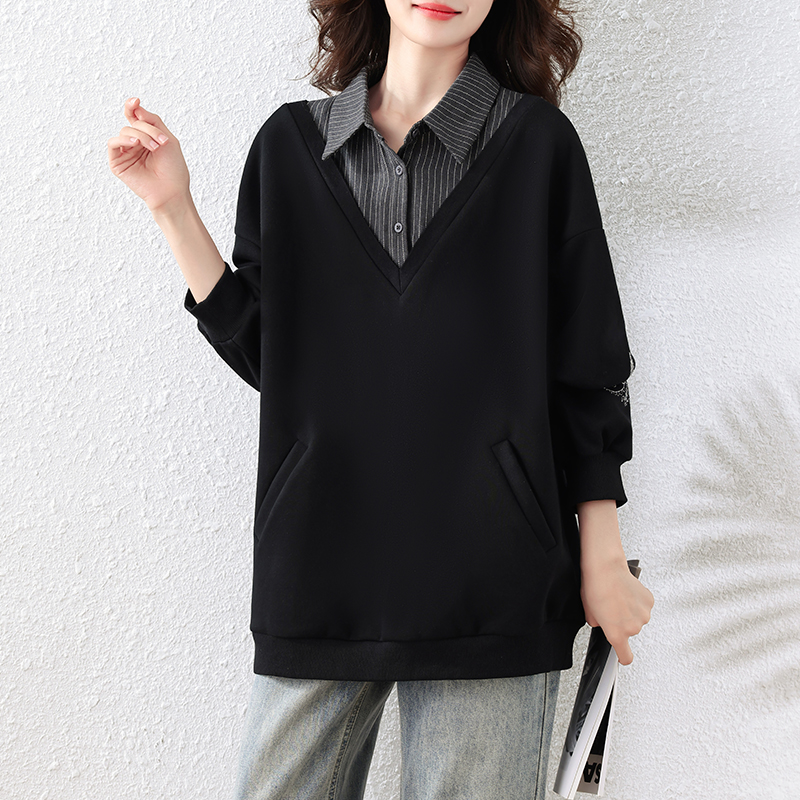 大码女装假两件韩版宽松拼接卫衣春季新款显瘦遮肉妈妈装上衣外套,女装T恤,衣嘉衣服饰 大码女装假两件韩版宽松拼接卫衣春季新款显瘦遮肉妈妈装上衣外套,女装T恤,衣嘉衣服饰