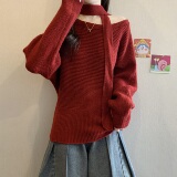 法式一字肩斜肩挂脖针织衫女秋冬新款胖MM慵懒风显瘦气质百搭毛衣，商品下架区，衣嘉衣服饰