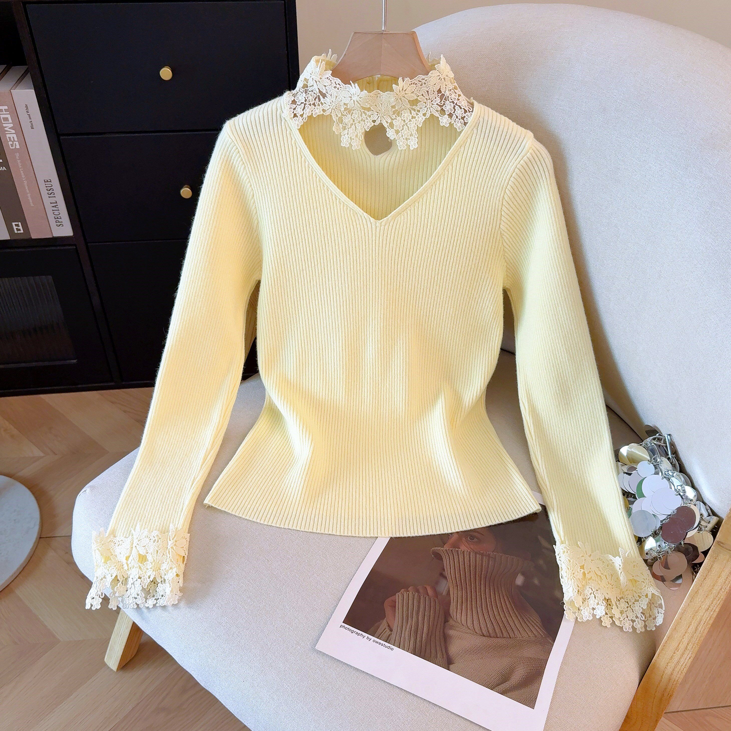 2025冬季新款内搭雷丝挂脖毛衣修身打底针织衫洋气减龄上衣,针织衫/毛衣,衣嘉衣服饰