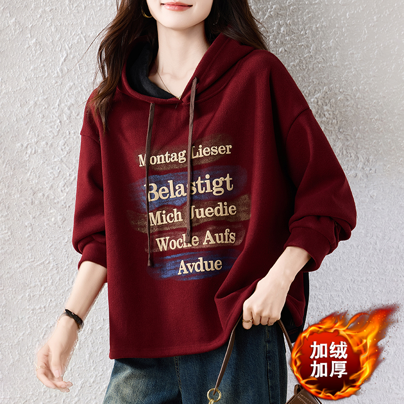 2025秋冬胖MM韩版印花加绒加厚洋气百搭卫衣，女装大码女装，衣嘉衣服饰