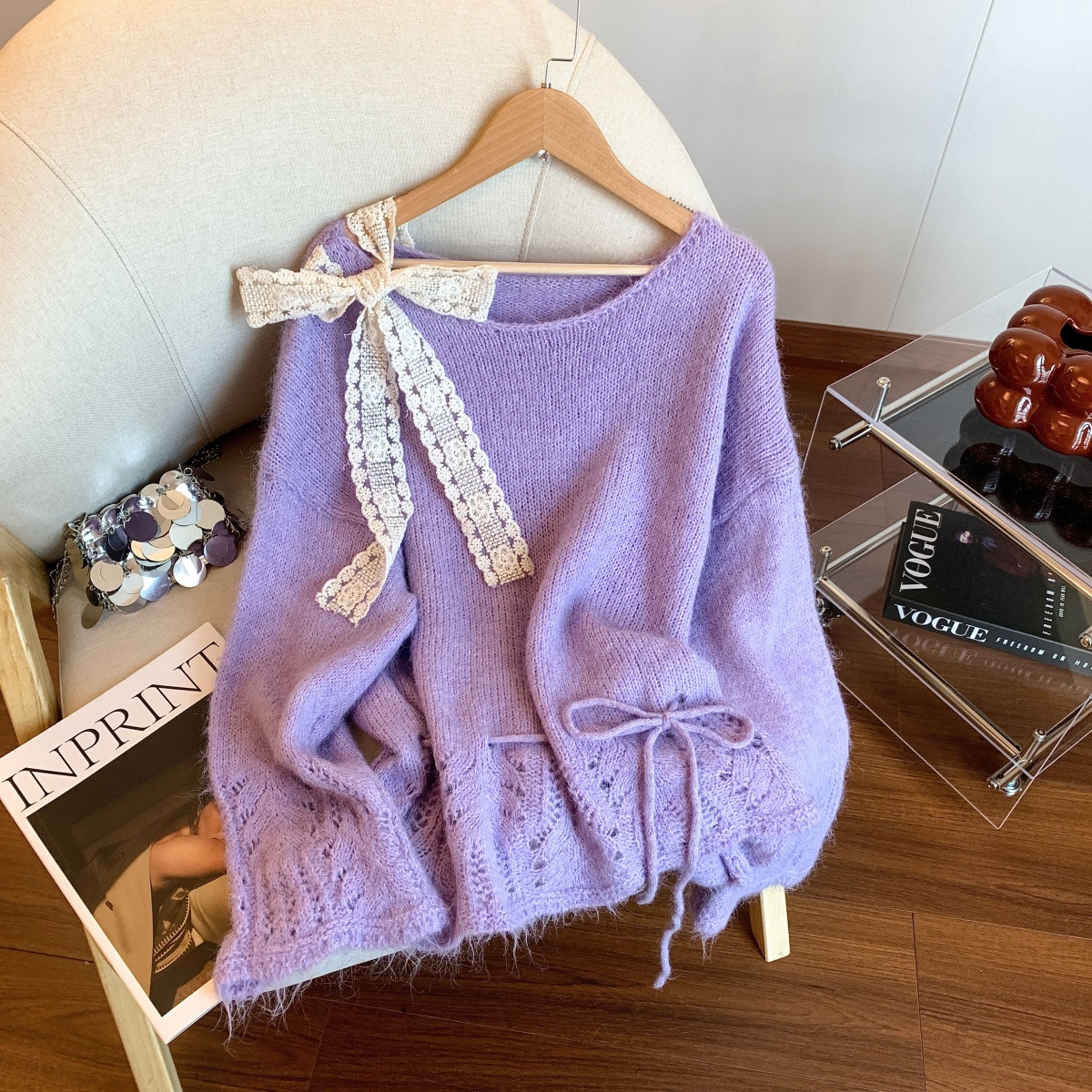 甜美温柔风纯色蝴蝶结飘带毛衣女秋冬季新款宽松显瘦舒适上衣，女装针织衫/毛衣，衣嘉衣服饰