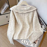 温柔风娃娃领紫色长袖毛衣女宽松圆领宽松针织开衫排扣上衣，女装针织衫/毛衣，衣嘉衣服饰