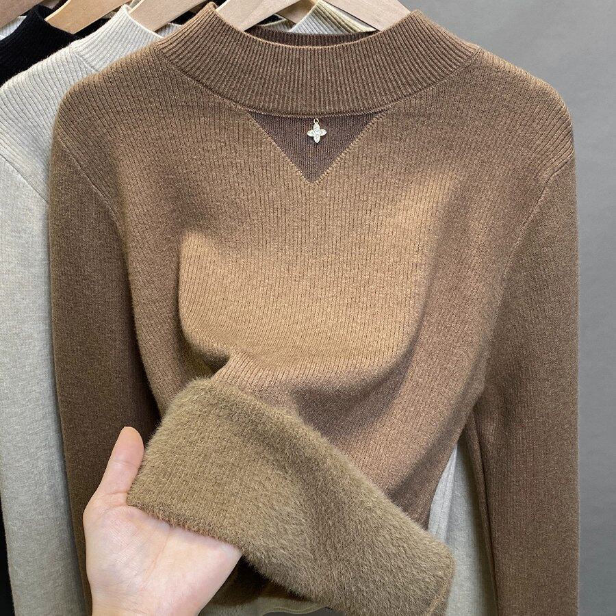 一体绒半高领毛衣女加绒加厚打底衫2025秋冬新款针织衫内搭上衣潮，女装针织衫/毛衣，衣嘉衣服饰