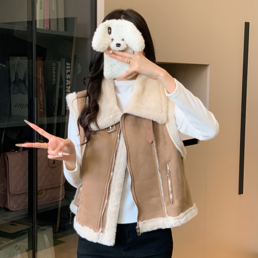 设计感小众韩系宽松麂皮绒机车毛绒马甲外套加厚保暖上衣女，女装短外套，衣嘉衣服饰