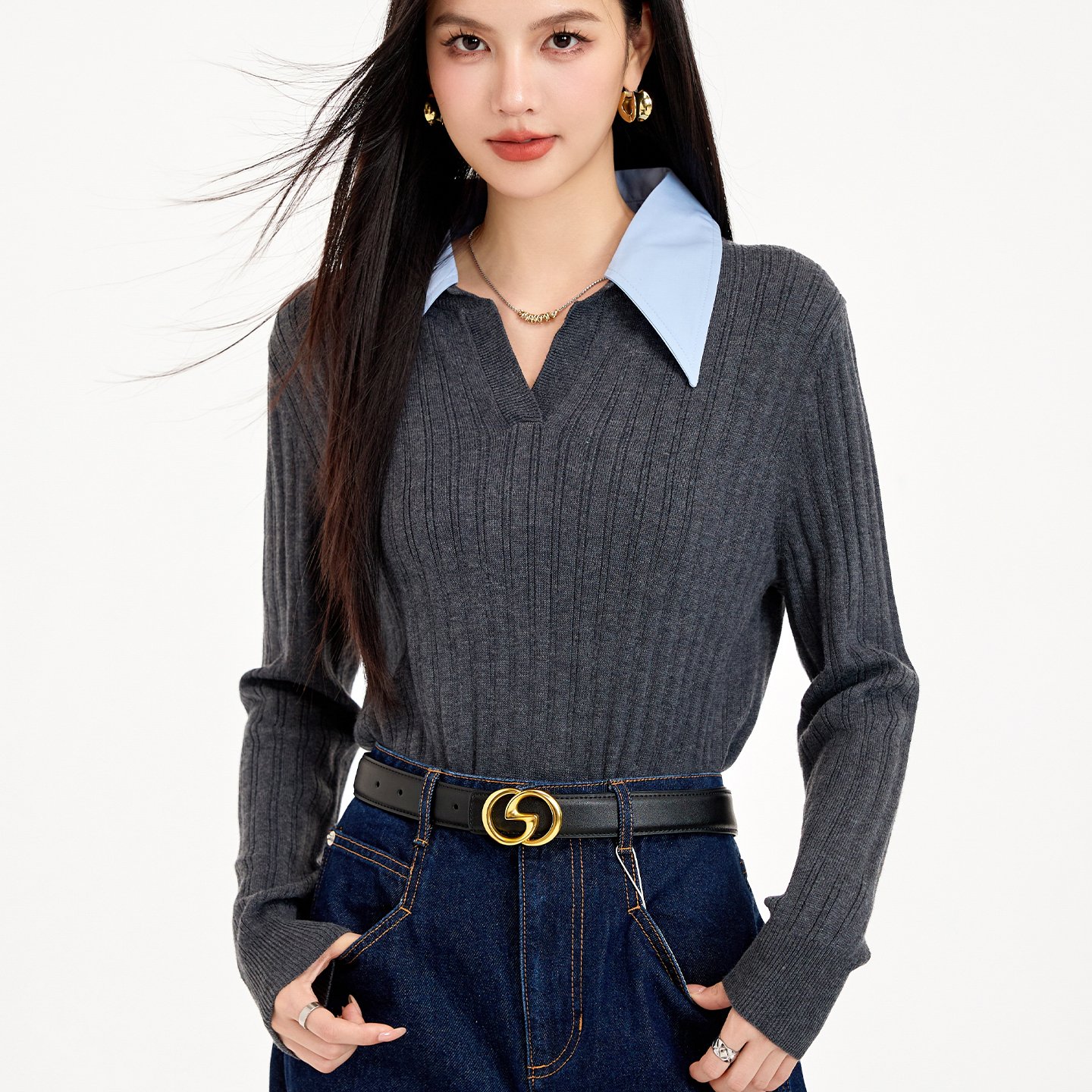 2025灰色polo领拼接假两件短款毛衣撞色显瘦针织衫羊毛上衣,女装针织衫/毛衣,衣嘉衣服饰 2025灰色polo领拼接假两件短款毛衣撞色显瘦针织衫羊毛上衣,女装针织衫/毛衣,衣嘉衣服饰