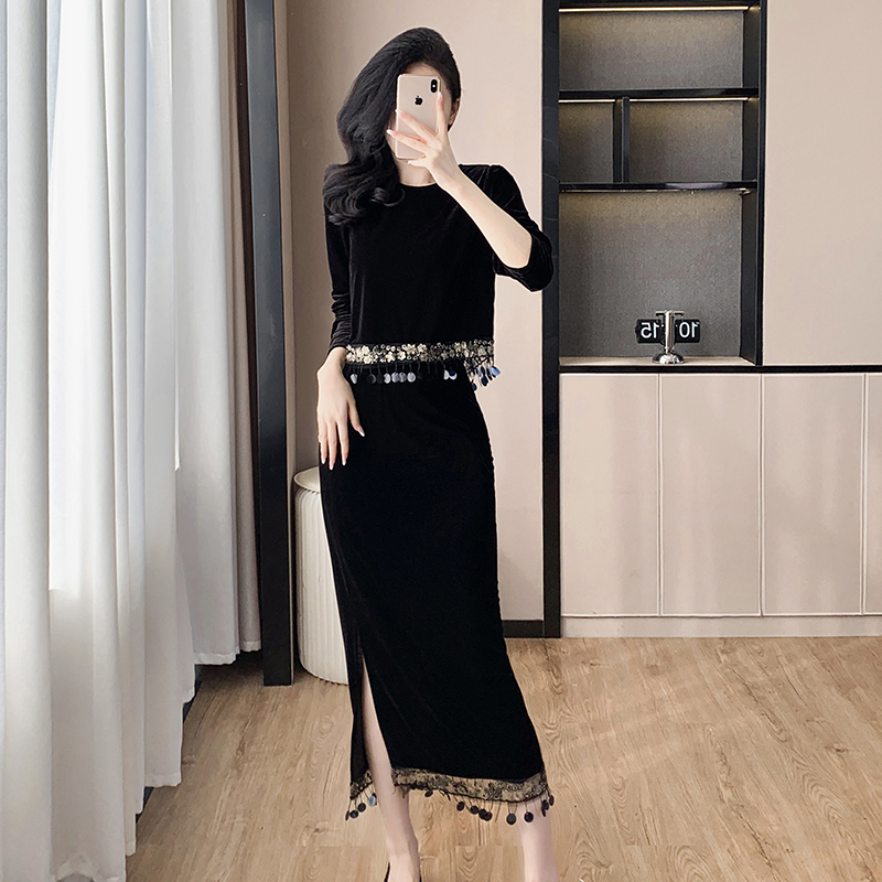 秋冬新款时尚亮片拼接流苏欧洲站气质遮肉丝绒金两件套，女装套装/套裙，衣嘉衣服饰