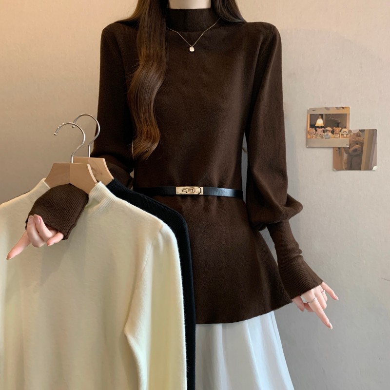 实拍~ 大码胖MM秋冬新款立领正肩收腰皮带长袖套头上衣针织衫