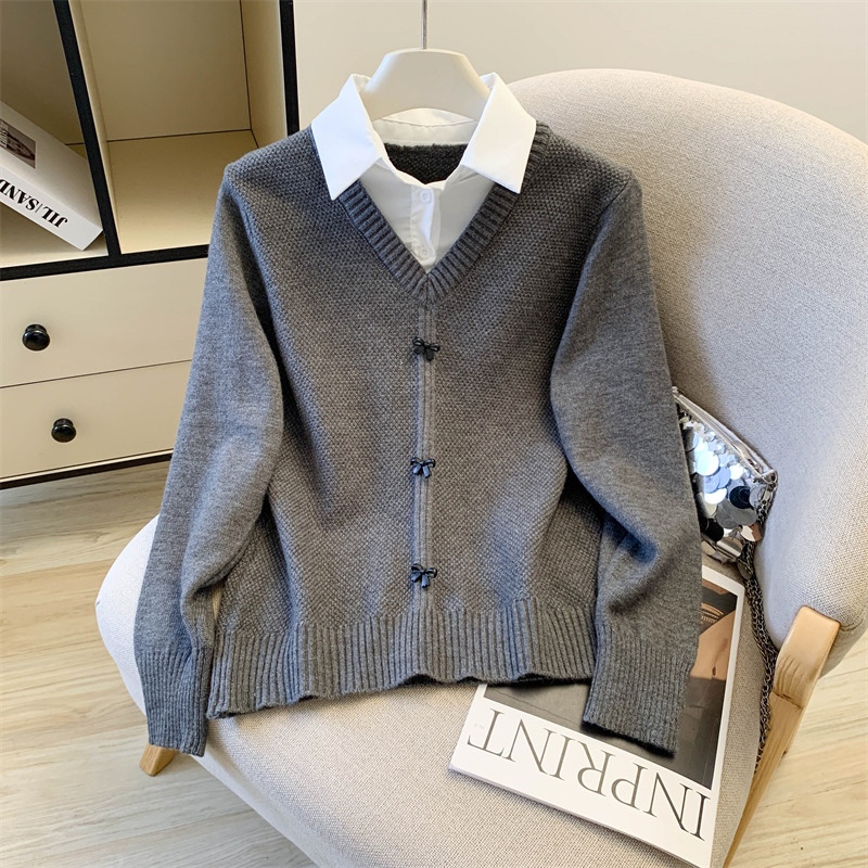 假两件拼接衬衫领羊毛针织衫女洋气减龄上衣外穿毛衣显瘦打底，女装针织衫/毛衣，衣嘉衣服饰