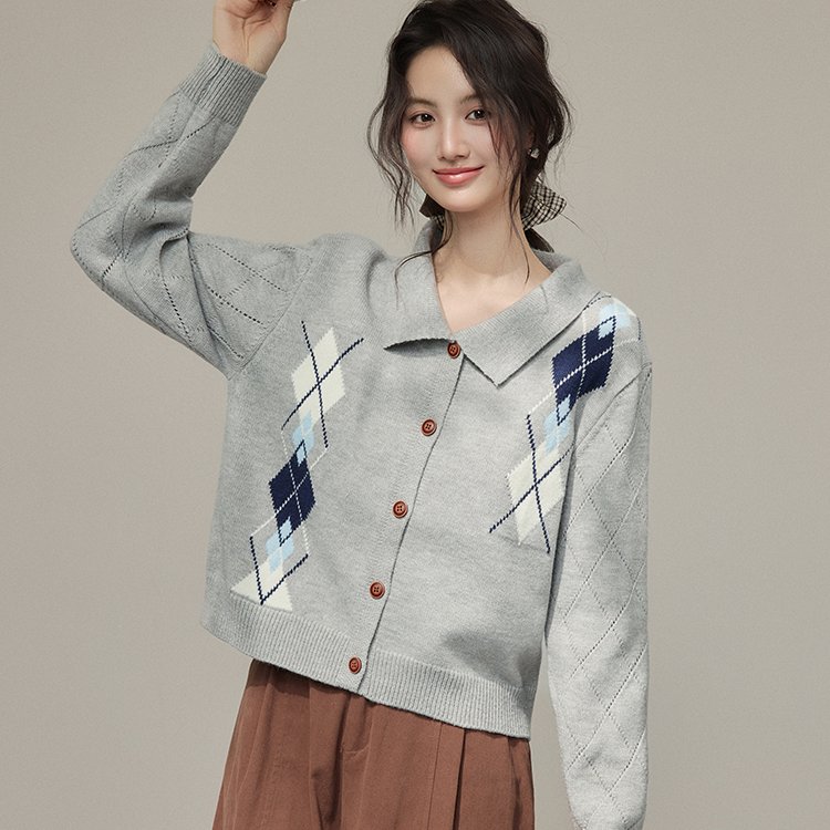 色菱格针织开衫女春秋外套新款宽松显瘦小翻领上衣，女装针织衫/毛衣，衣嘉衣服饰