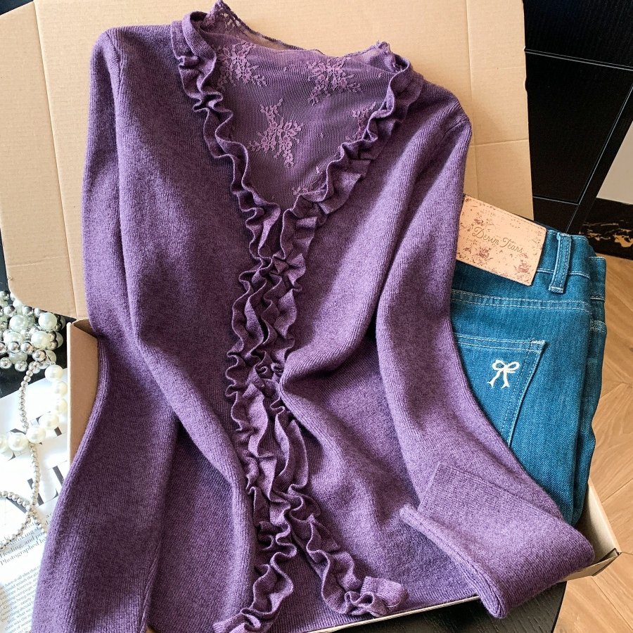 法式蕾丝拼接木耳边假两件针织衫女冬季修身显瘦高级感打底衫上衣，女装针织衫/毛衣，衣嘉衣服饰