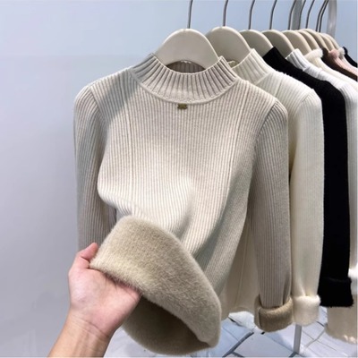 加绒加厚毛衣女冬季高级感半高领打底衫2025新款内搭一体绒针织衫