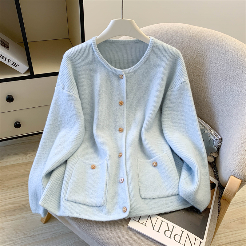 实拍 韩系圆领针织开衫女装秋冬新款宽松显瘦百搭单排扣毛衣外套