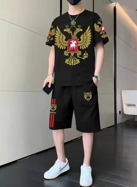 夏季潮流男士休闲套装短袖短裤大码宽松青年运动中国风3D精品印花