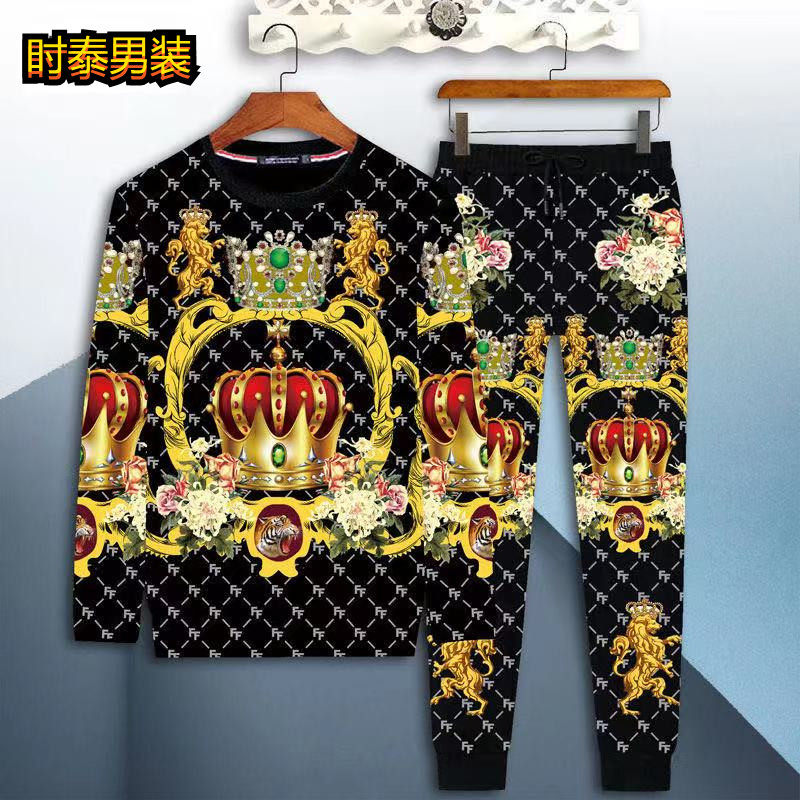 男装秋装爸爸长袖上衣T恤休闲长裤男运动套装印花大码痞帅两件套