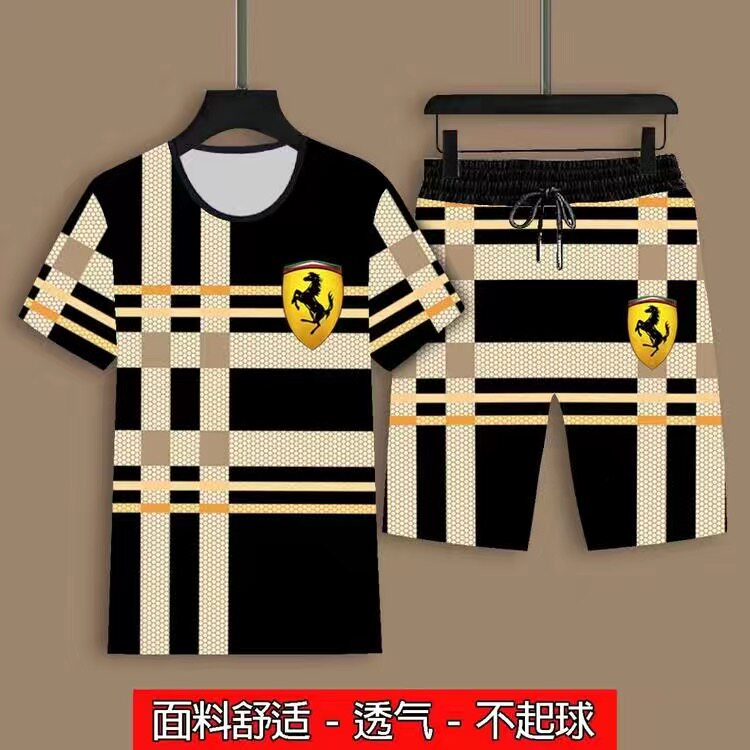 夏季男士短袖短裤套装中国风3D印花龙图案休闲上衣圆领运动两件套