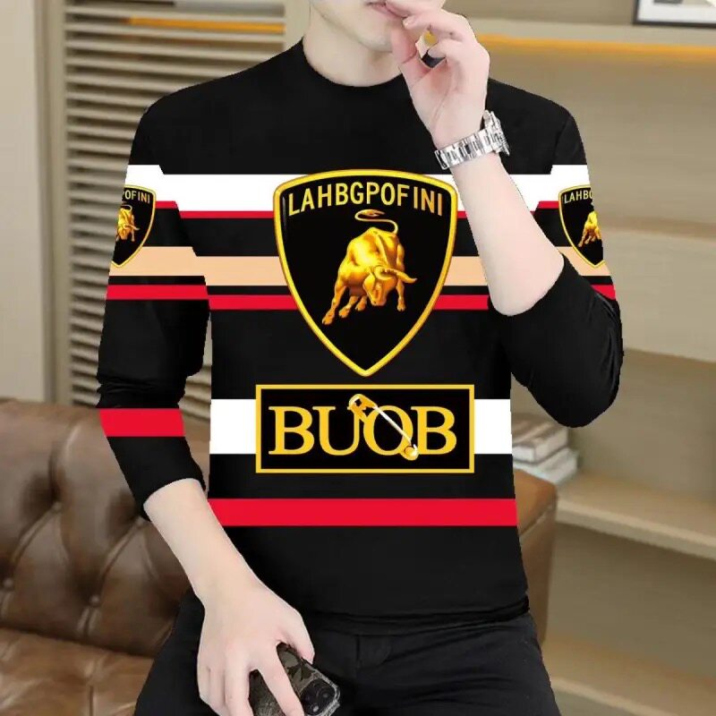 男士秋冬薄款长袖t恤欧洲站时尚潮流休闲运动圆领条纹上衣3D印花