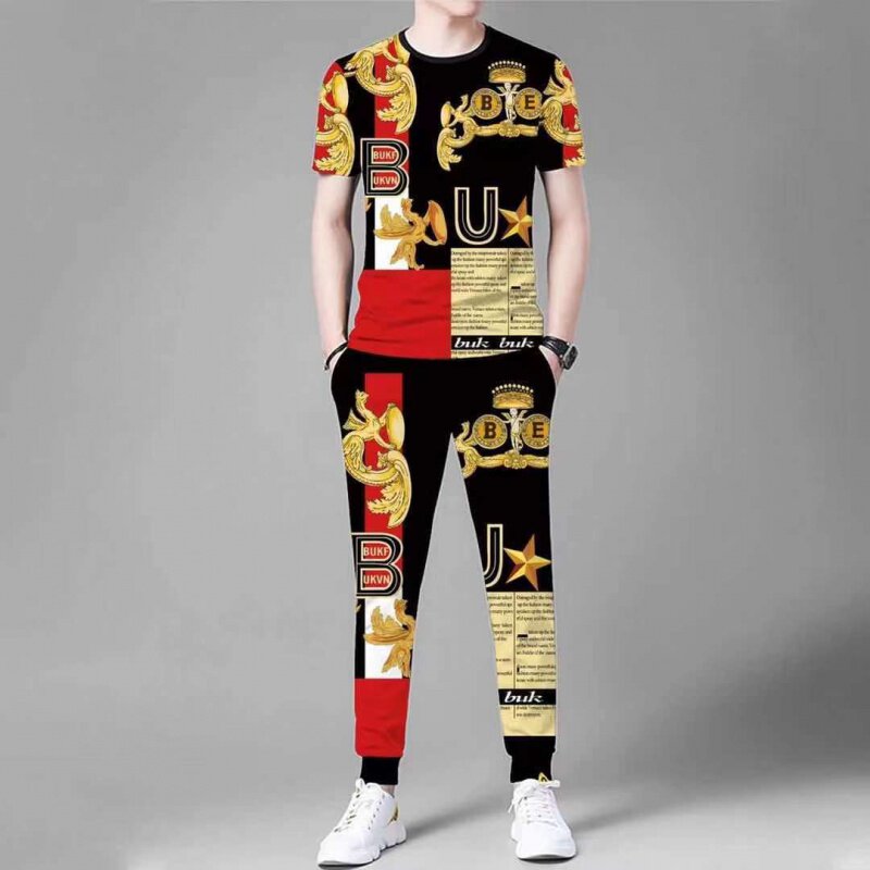 유럽 ??정장 여름 중년 남성 티셔츠 아이스 실크 반팔 얇은 프린트 바지 남성 패션 트렌드 투피스 세트