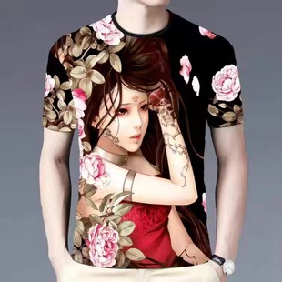 男冰丝3D印花短衫 2024新款 中国风民族风t恤衫 圆领潮牌ins半袖 修身