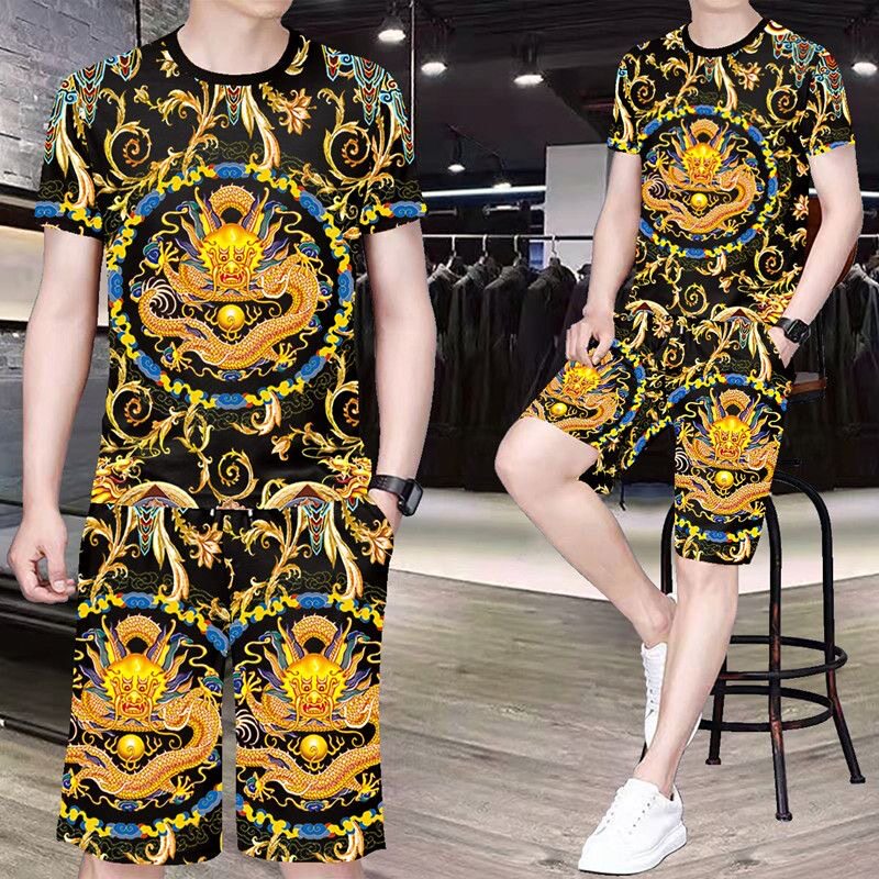 夏季男士圆领中国风龙图案短袖短