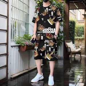 2025男士夏季薄款冰丝短袖短裤套装潮牌痞帅宽松休闲运动两件套装