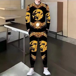 休闲长裤男长袖t恤中国风运动套装3d印花痞帅精神小伙大码两件套