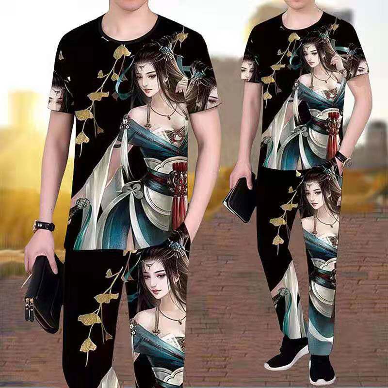 夏季男士新款休闲套装2021时尚民族风印花痞帅短袖长裤帅气两件套