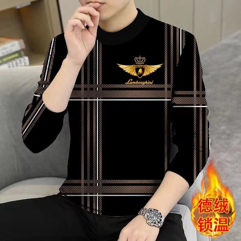 2025秋冬潮牌男士休闲印花德绒时尚欧货炸街t恤衫半高领百搭上衣,男装,T恤,淘宝优惠券,粉丝福利购,淘宝优惠卷