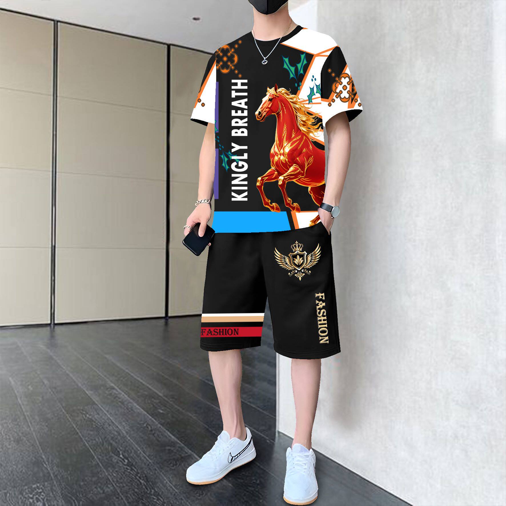 2026年男士夏季新款时尚运动套装潮流短袖t恤搭配运动短裤两件套