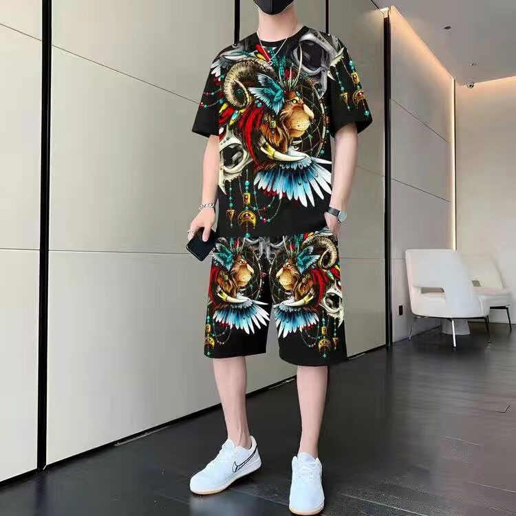 夏季爆款民族风大码短袖短裤休闲个性百搭上衣圆领t恤潮流衣服