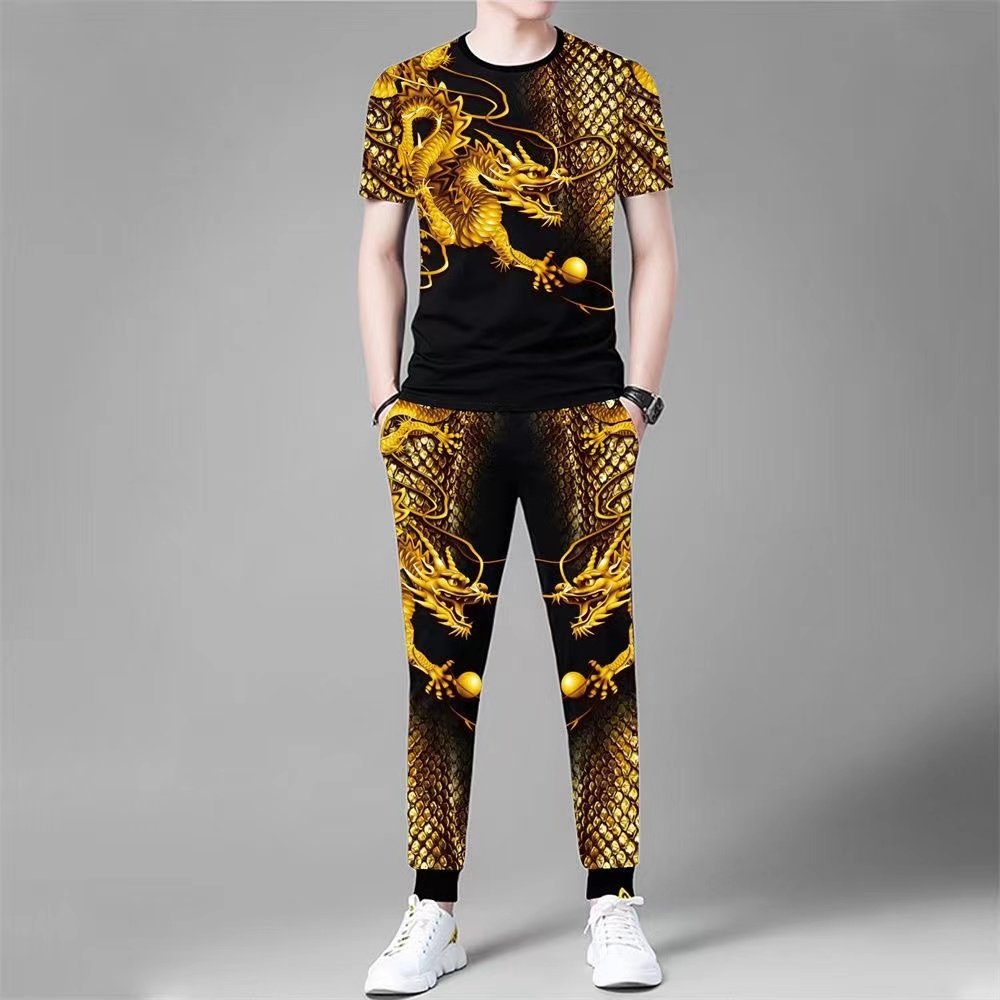 单件/套装 男士夏季休闲短袖运动套装青少年潮流帅气风格印花长裤