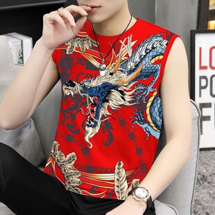 新款龙图案无袖男装T恤背心坎肩男士夏季中国潮流休闲印花打底衫