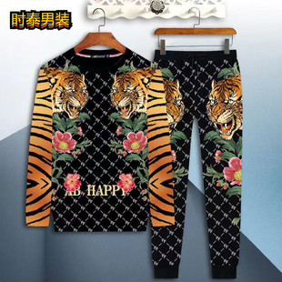 秋季宽松t恤男长袖休闲长裤运动套装男士精神小伙印花时尚两件套