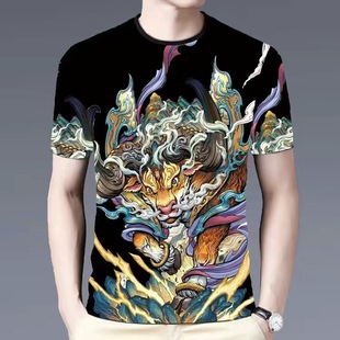 男士民族短袖新款上衣休闲运动个性痞帅印花衫国潮复古T恤圆领衫