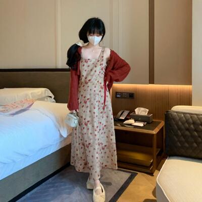 游小姿女装【玫瑰故事】温柔穿搭蝴蝶结绑带连衣裙红针织毛衣开衫