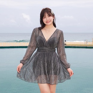 女 胖mm200斤大罩杯钢圈聚拢性感纯欲风大胸连体泳装 长袖 泳衣大码