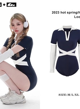 HUEG蓝色女孩连体泳衣女2023新款泡温泉修身显瘦长袖防晒纯欲风